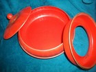 Vintage 1950 s - 3-pc Antiqued Red orange  Enamelware Sewing Dish W knobbed Lid