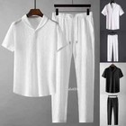 Summer Men s 2pc Cotton Linen Walking Suit Short Sleeve Casual Shirt   Pants Set