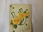 Vtg Greeting Card St  Patrick s Day Shamrocks Lucky Horseshoe Golden Roses