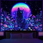 Blacklight Black Cat Tapestry Uv Reactive Moon Stars Floral Wall Hanging Tapestr