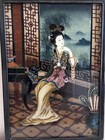 Vintage Chinese Japanese Reverse Glass Painting Geisha Girl Sitting In Parlor
