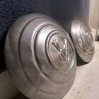 Vintage Metal V8 Hubcaps Pair Collectible Automotive Wheel Covers