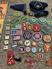 Vtg  Boy cub Scout Lot Patches Pins Slides Neckerchief Books Belt Cap 1970-80   s