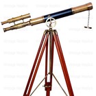 Handcrafted Telescope Brass On Leather Wooden Tripod - Vintage Collectible Style