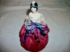Antique Germany Half Doll Pin Cushion Flapper Deco Tie Dyed Silk Bow New Dress