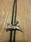 Vintage Bucking Bronco Rodeo Cowboy Bolo Tie Pewter Black Leather Southwest