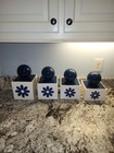 Rare    Vintage Mcm Bubbletop Blue  White Flower Canisters By Holiday Design 