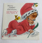 Vintage Mid Century Christmas Greeting Card Pixie Elf Baby Flocked Pjs Hallmark