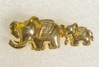 Elephant Mom And Baby Brooch Pin Pave Clear Rhinestones Green Eyes Gold Tone 2   