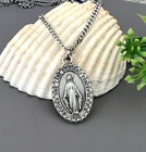Silver Large 1 25  Miraculous Medal Mary Pendant Necklace Italy   24  Curb Chain