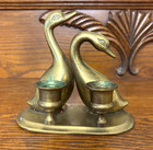 Vintage Brass Geese Candle Holders Original Patina Velvet Bottom 5-1 2  Long