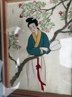Vintage Japanese Silk Painting Geisha Woman Cherry Blossom Asian Art Framed
