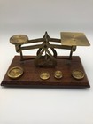 Vintage Brass And Wood Postal Balance Scale W  4 Weights Made In England