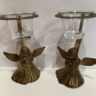 Set Of 2 Vintage Solid Brass Ornate Angel Figurine Halo Candle Holder