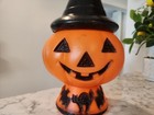 Vintage Halloween Blow Mold Light Pumpkin Jack-o-lantern With Witch Hat Bats Cat