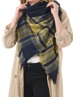 Womens Oversized Plaid Blanket Scarf Warm Chunky Wrap Shawl - Yellow Navy