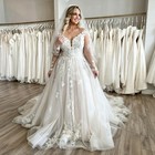 Plus Size Beach Wedding Dresses Lace Sweep Train V Neck Long Sleeve Bridal Gowns