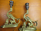 Antique Bronze   Brass Griffin Candlestick Holders Pair Solid   Heavy 6 25  Tall