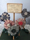 Primitive Farmhouse Fabric Flowers With Buttons On Wooden Dowels Stand Love