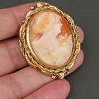 Vtg Gold Tone Cameo Brooch Portrait Carved Shell Victorian Revival Framed Gift