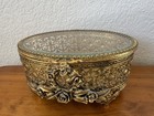 Vintage Gold Tone Filigree Roses Beveled Glass Footed Casket Jewelry trinket Box