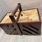 Vintage Wood Accordion Sewing Box 3 Tier Tapestry Floral Top Cantilever Basket
