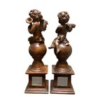 Vintage Wooden Cherub Angel Figurines Set Music Putti Carved Wood 13    Pair