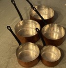 Set 5 Copper Pots Nested Sizes Saucepans Tin Lined Riveted Handles