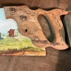Folk Art Hand Painted Saw Signed Lowery Country Scene Cabin Outhouse Windmill