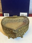 Vtg   Gold Tone Gilt Ormolu Brass Beveled Glass Jewelry Trinket Box Heart Shape