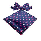 Mens Satin Navy Blue Pink Horses Bowtie Pocket Square Pre-tied Bow Tie
