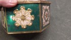 Vintage  Hexagonal Metal Storage Tin With Floral Gold And Green Really Pretty