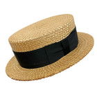 Vintage 1930s Dobb s Fifth Avenue Boater Skimmer Stiff Straw Hat W Black Bow