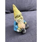 Vintage Garden Gnome Figurine Holding Mushroom - Yellow Hat Blue Jacket