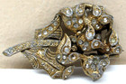 Antique Vintage Art Deco Cast Metal Rare Goldtone Rhinestones Heavy Brooch