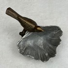 European 20th Century Bronze Bird On Leaf-shaped Pewter Trinket Dish Or Inkwella