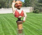 Vtg Carved Mechanical Wood Carved Creepy Man Wine Liquor Cork Bottle Stopper