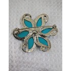 Brooch Pin Turquoise Blue Silver Tone Rhinestone Cabochon Floral Jewelry