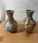 2 Vintage Cloisonne Miniature Chinese Vases  Enamel Gold Tone Metal  