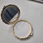 Vintage Made In Japan Geisha Powder Compact Mirror Gold Tone Scenic Round Metal