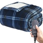 Sunbeam Heated Electric Blue Plaid Sherpa   Microplush Throw Blanket  Warming