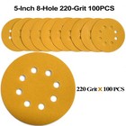 100pcs 5  Sanding Discs 220 Grit Hook Loop 8-hole Sandpaper Orbital Sander Paper