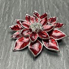 Red Poinsettia Flower Brooch Pin Rhinestone Center Enamel Silver Tone Holiday