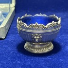 Set Of 4 Antique Lion Head Salt Cellars Ornate Silver Plated Cobalt Blue Spoons