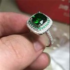 2ct Lab Created Cushion Green Emerald Halo Engagement Ring 14k White Gold Finish