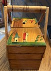 Vintage Mexican Accordion Wood Fold Out Sewing Box Basket Hand-painted    