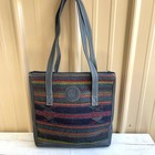 Vtg Born Leather   Wool Aztec Western Pattern Blanket Tote Bag Purse 