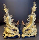 Antique Pair Of French Louis Xv Rococo Ornate Brass Fireplace Andirons Chenets
