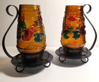 2 Pc Set Glass Metal Vintage Stained Painted Glass Candle Holders With Globes