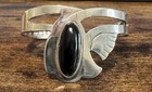 Sterling Silver Cuff Modernist Bracelet With Onyx - Signed - Vintage Mexico